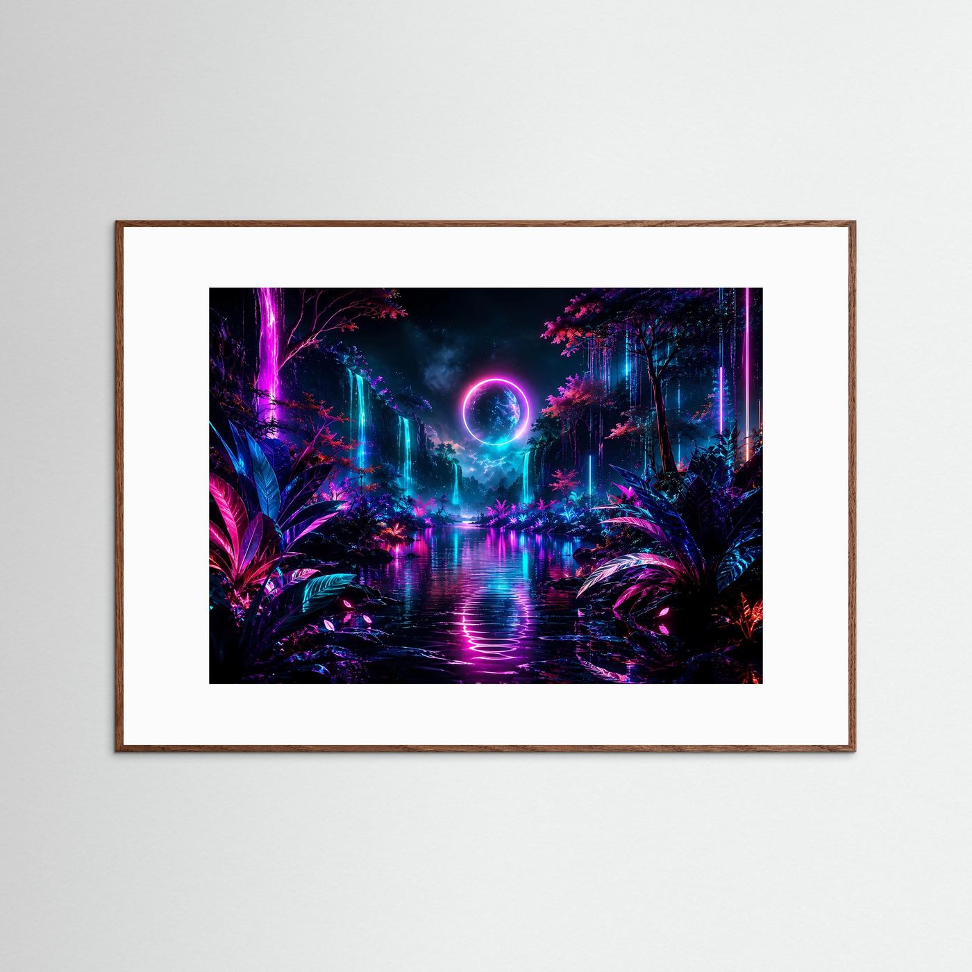Neon Fantasy Landschaft Poster | Leuchtender Wasserfall Wandkunst | Futuristische Natur | Cyberpunk Landschaft in Pink & Blau
