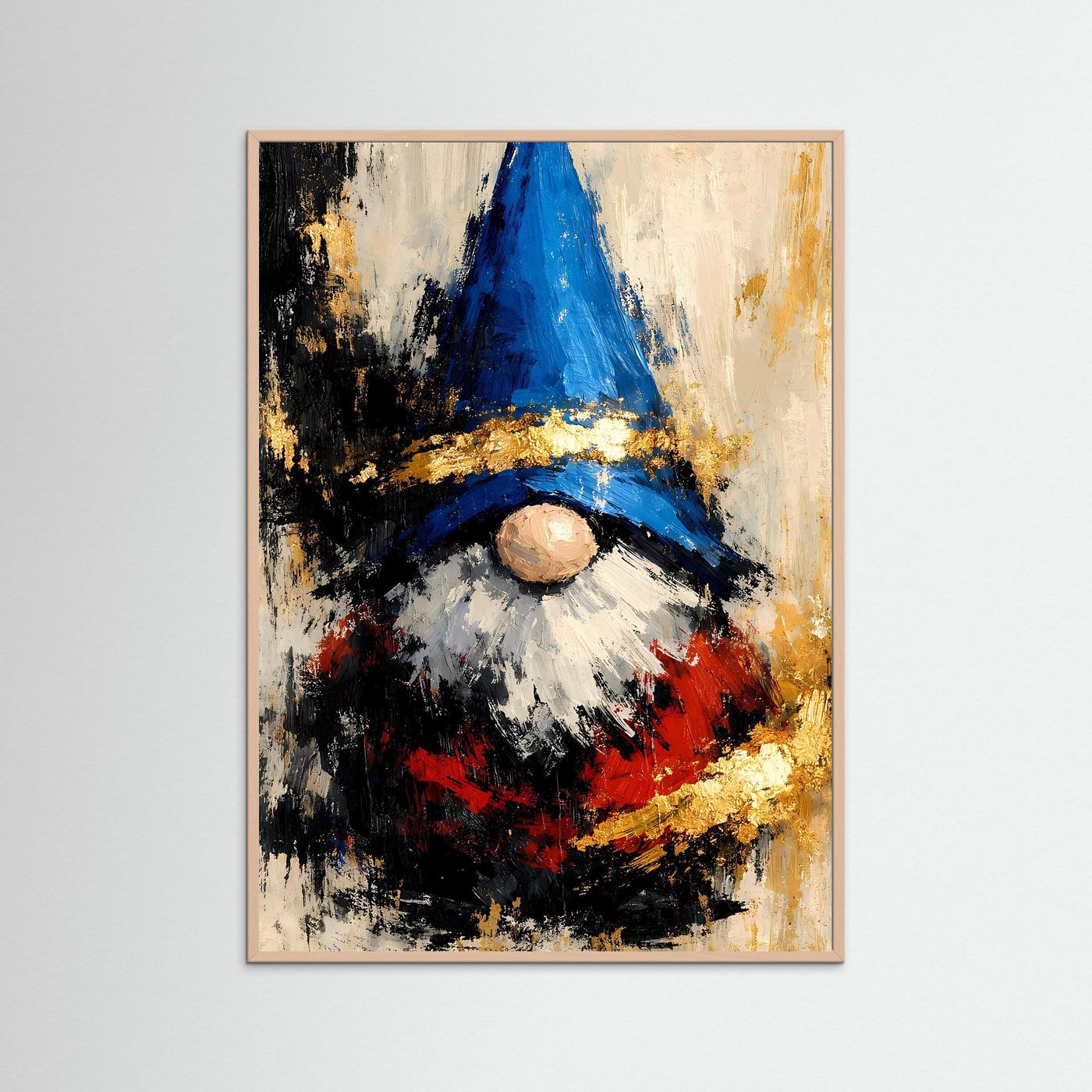 Kunstposter Hochformat mit abstraktem Wichtel, im rosafarbenen Holzrahmen; blau, rot, gold