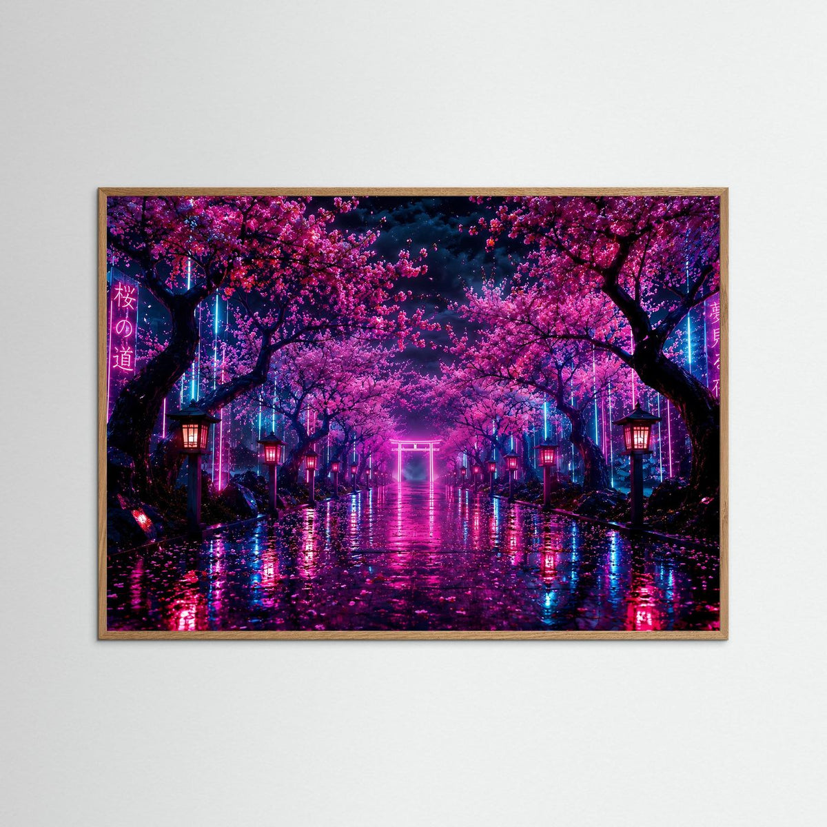 Gerahmtes Neon-Wandbild: rosa Kirschblütenallee bei Nacht mit Torii-Leuchten und Spiegelungen im Wasser