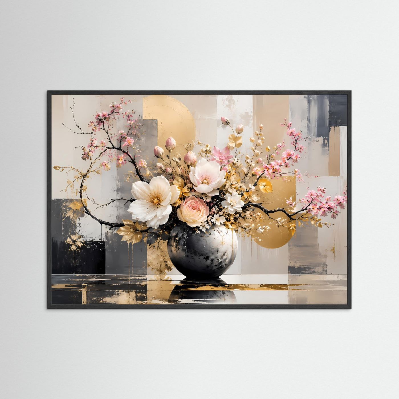 Elegantes Blumenarrangement in Gold & Weiß | Modernes Florales Wandbild Querformat