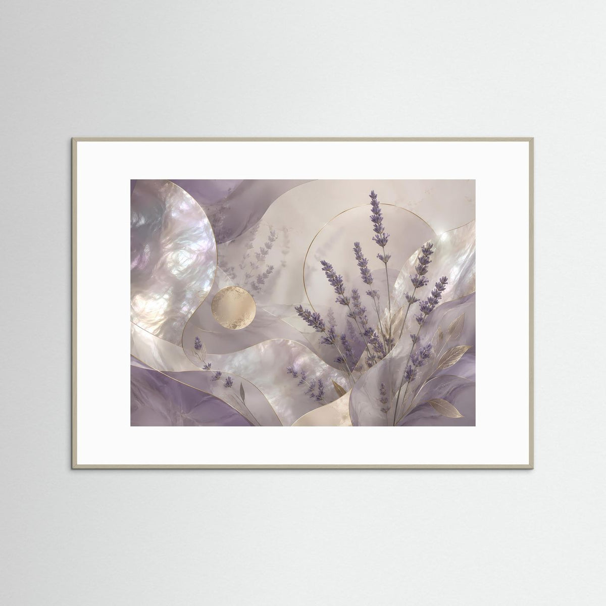 Querformat-Poster mit abstrakter Lavendel-Botanik, lila und Goldtönen, weißer Holzrahmen
