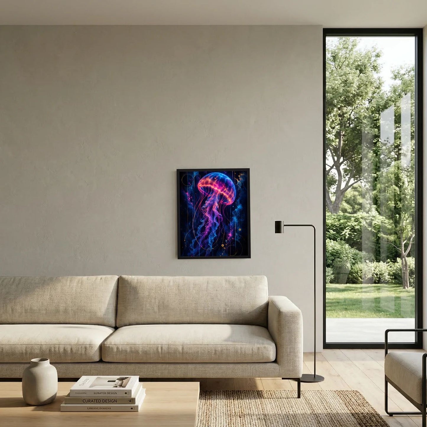 Gerahmtes Hochformat-Poster mit leuchtender Qualle in Neonpink, Blau und Gold