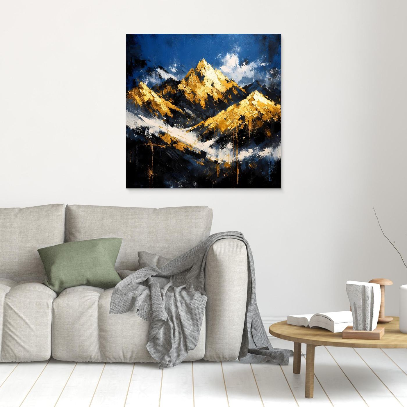 Leinwand Abstraktes Berggemälde in Blau und Gold | Modernes Berge Wandbild