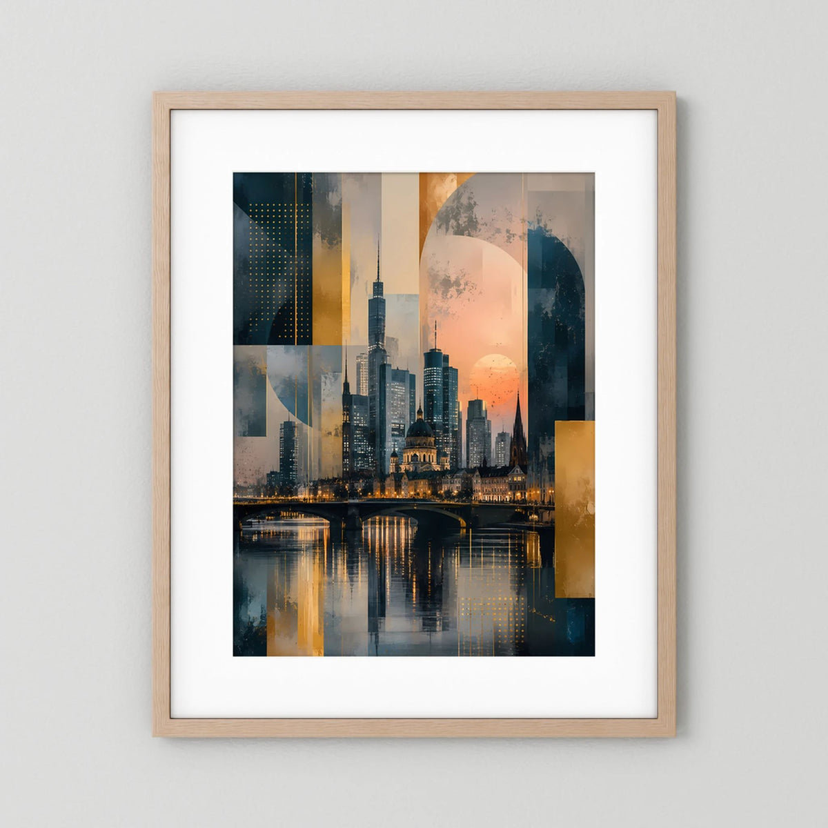 Poster (Hochformat) mit abstrakter Skyline am Fluss, Gold- und Petroltöne, naturholzfarbener Rahmen