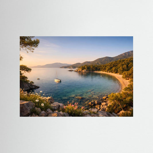 Panoramisches Naturposter mit Bucht am Seeufer, Boot und Felsenküste zur Abenddämmerung