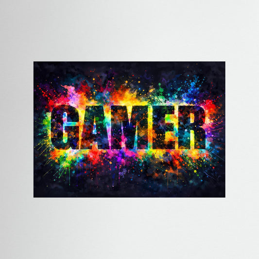 Bunter GAMER Schriftzug im Pop-Art Splash Style | Modernes Gaming Poster Querformat