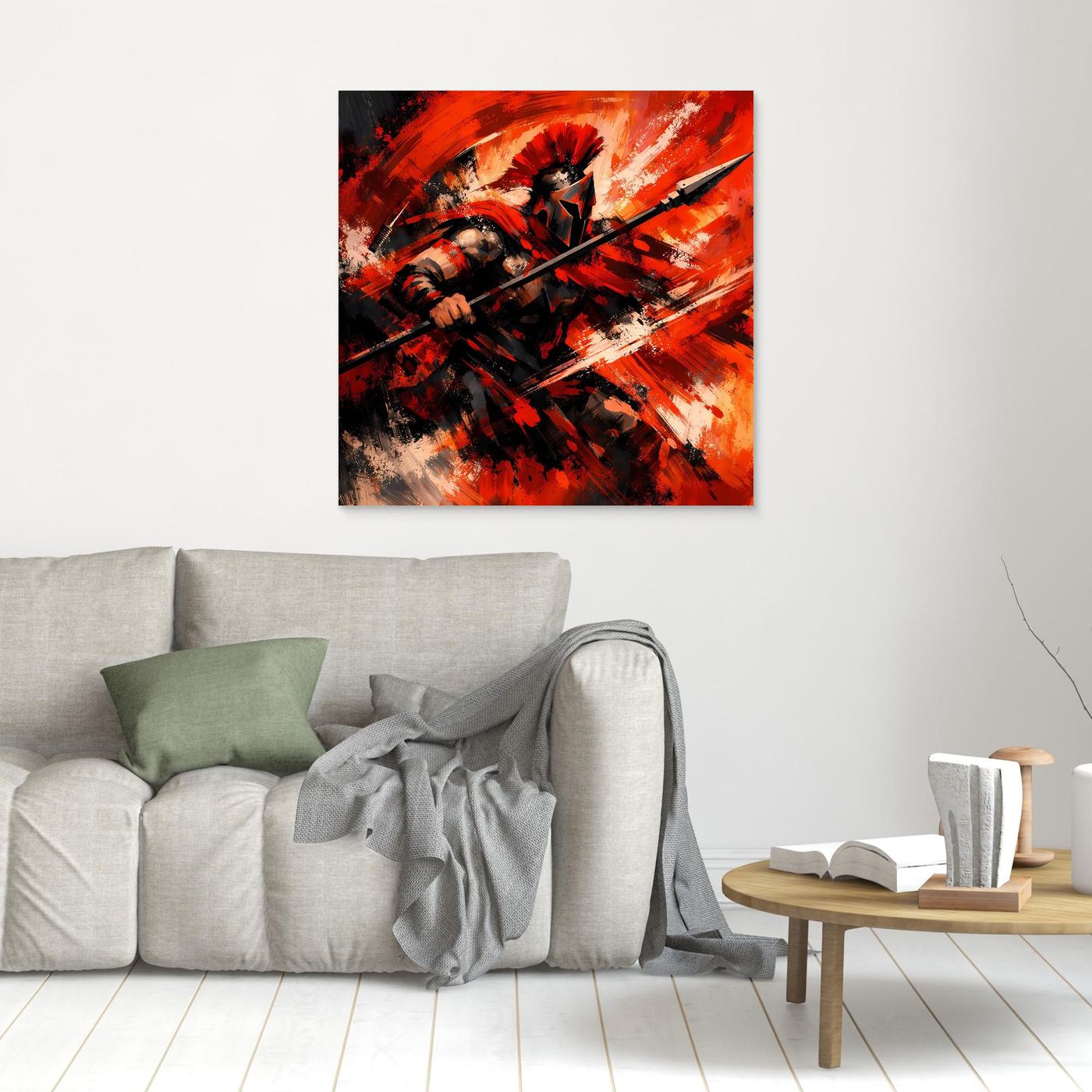 Leinwandbild mit Spartaner-Krieger in Rot/Orange und Speer, gerahmt