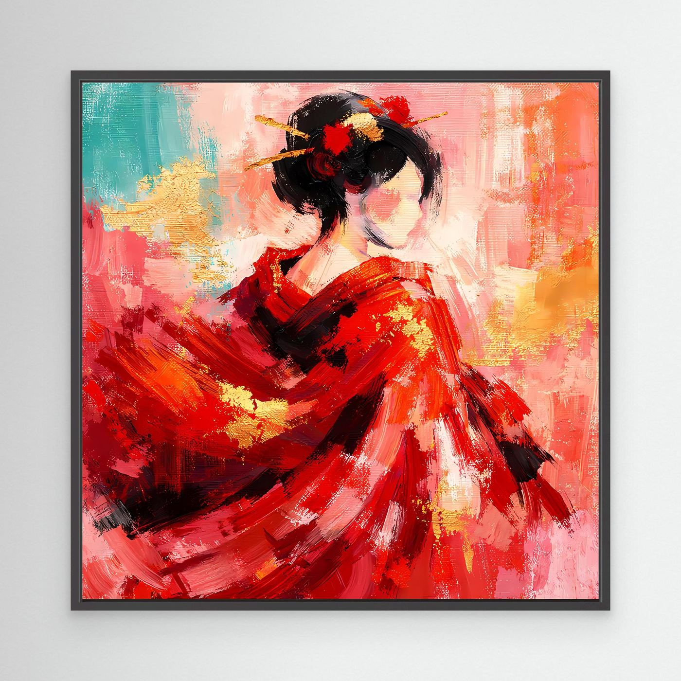 Leinwandbild mit Geisha-Porträt in Rot, schwarzem Haar, mit schwarzem Rahmen