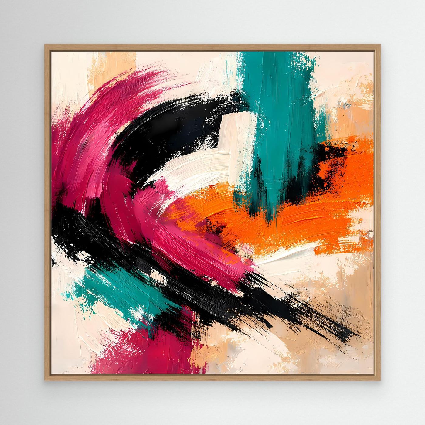 Abstraktes Wandbild auf Leinwand mit Holzrahmen in Pink, Türkis, Orange und Schwarz.