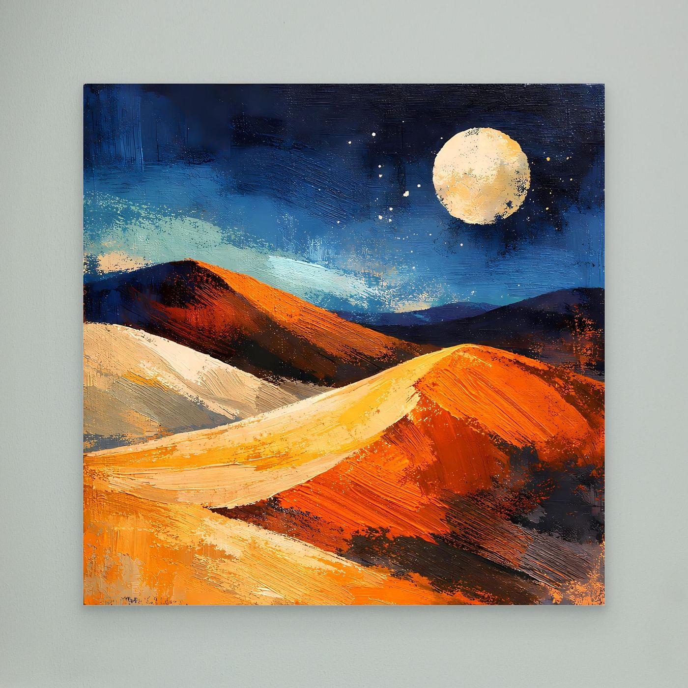 Abstract desert wall art with moon over orange and blue sand dunes at night