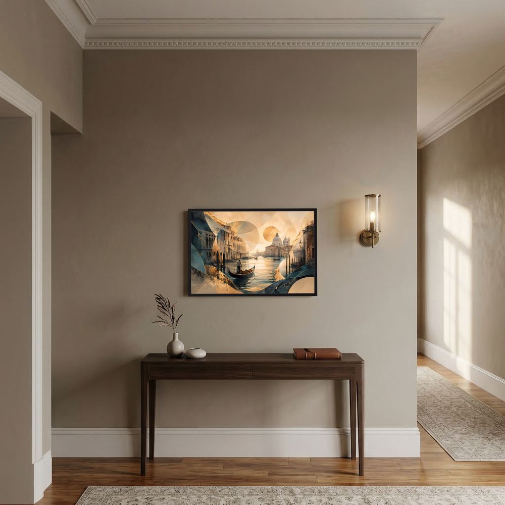Gerahmtes Querformat-Wandbild mit abstrakter Stadtlandschaft und Gondel im goldenen Farbton