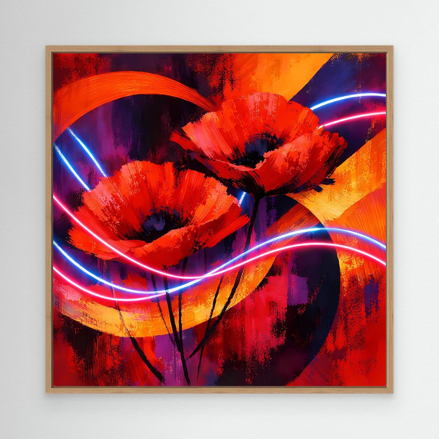Leinwandbild mit abstrakten Mohnblumen, rot und violett, Neonbögen, Holzrahmen