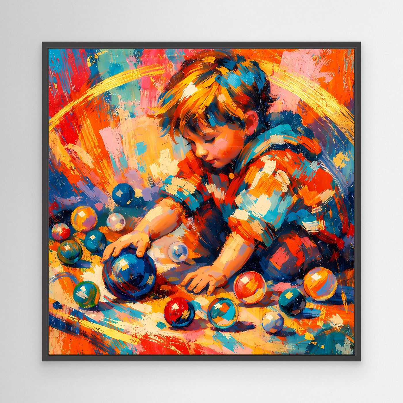 Leinwandbild Spielendes Kind mit bunten Kugeln, abstraktes Portrait, mit schwarzem Rahmen