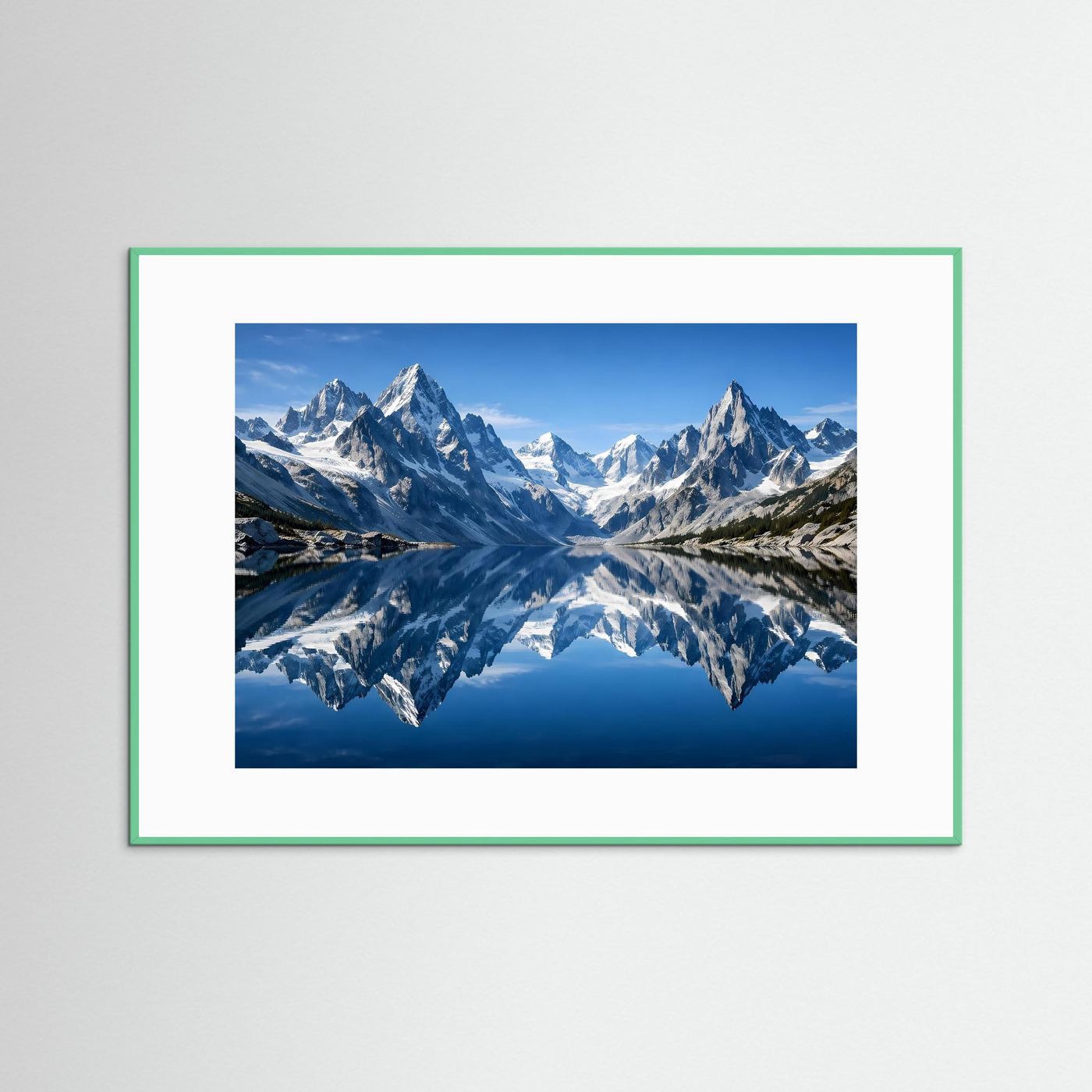 Wandbild mit Alpenlandschaft und See-Spiegelung, grüner Rahmen