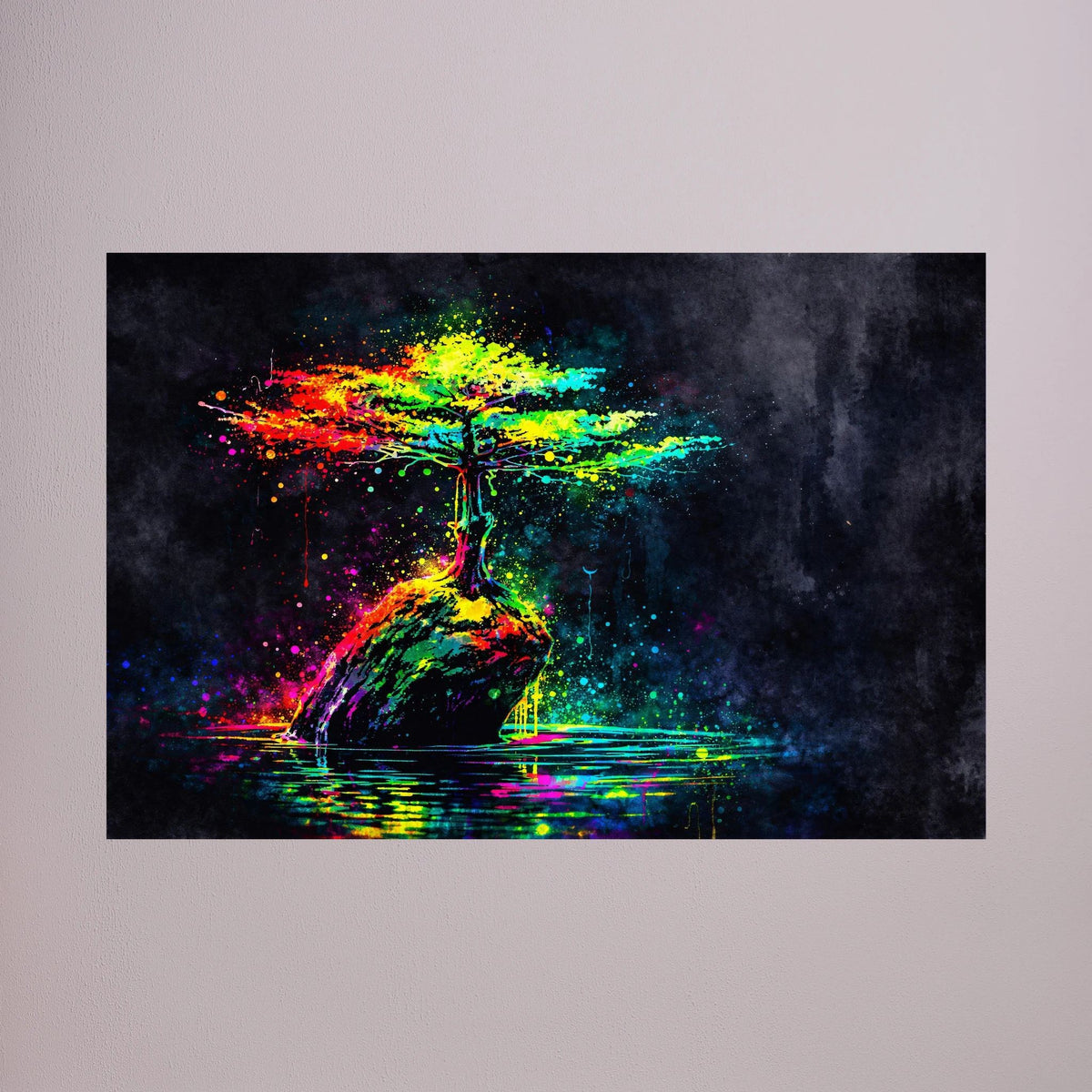 Wandbild Querformat mit abstraktem Lebensbaum, Neonfarben und Farbspritzern auf dunklem Grund