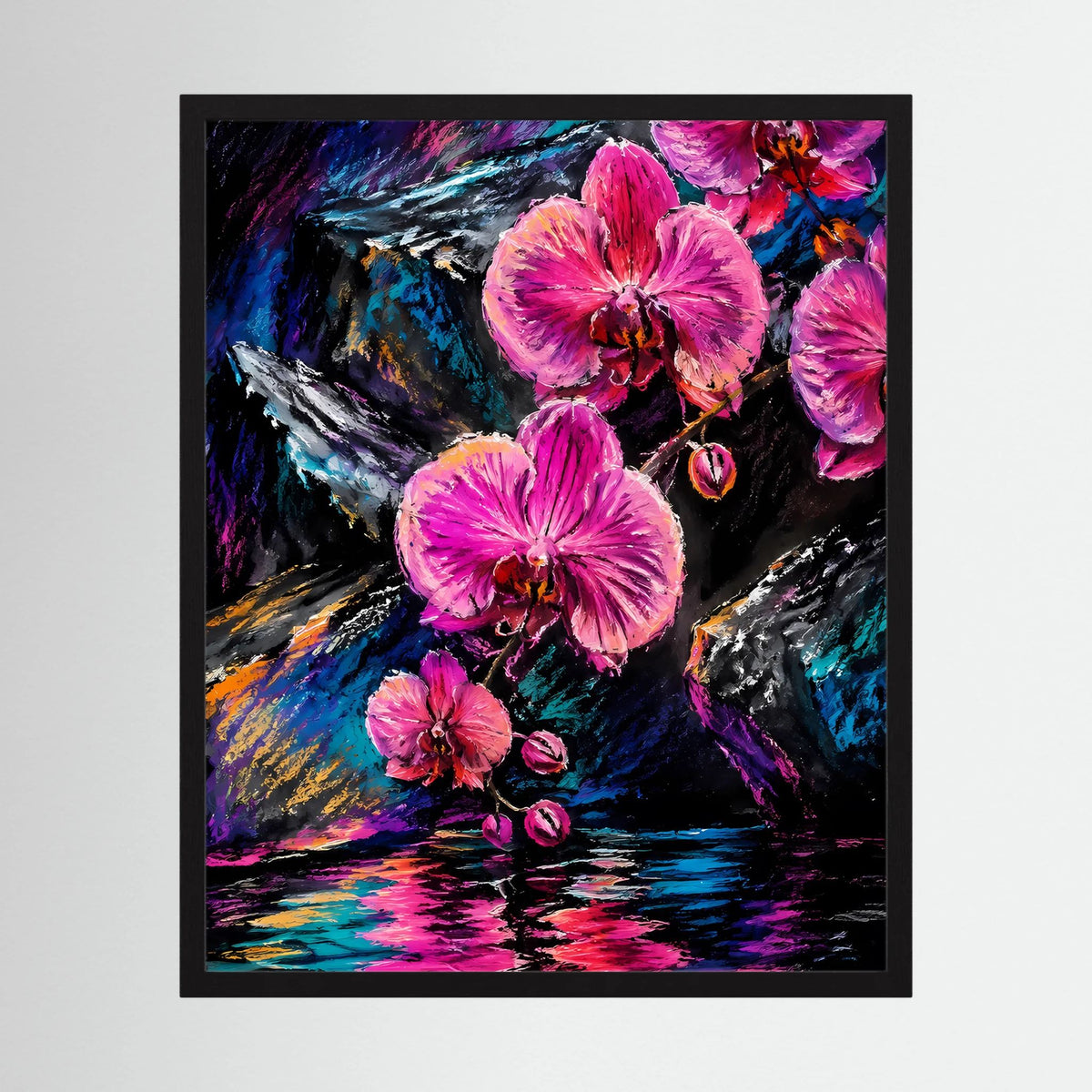 Abstraktes Blumenposter mit schwarzem Rahmen: pinke Orchideen vor blauem Farbwirbel