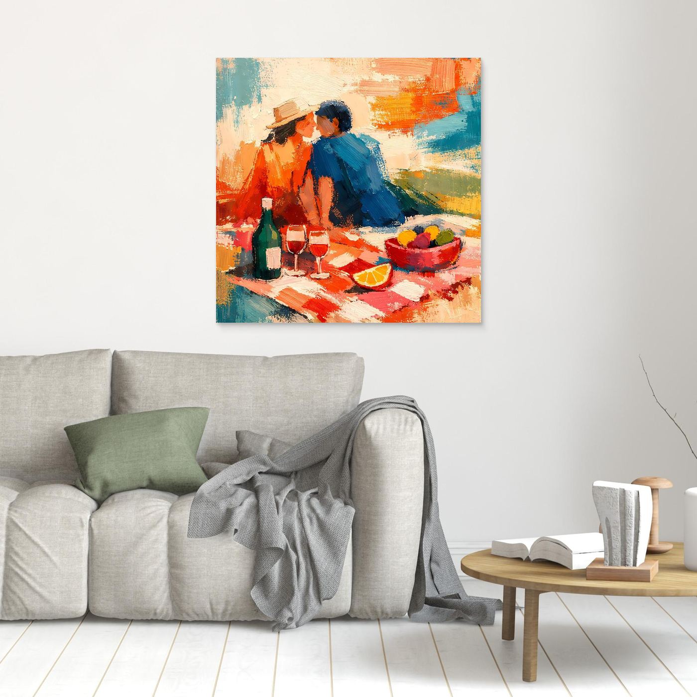 Leinwand-Wandbild mit abstraktem Picknick-Pärchen, ohne sichtbaren Rahmen