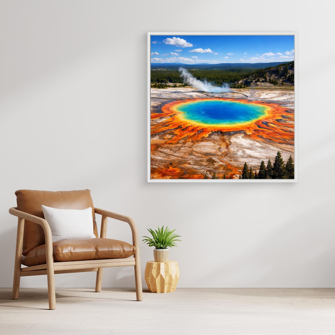 Leinwandbild mit Prismatic-Spring-Motiv über Sessel, blau-türkis Becken und Landschaft