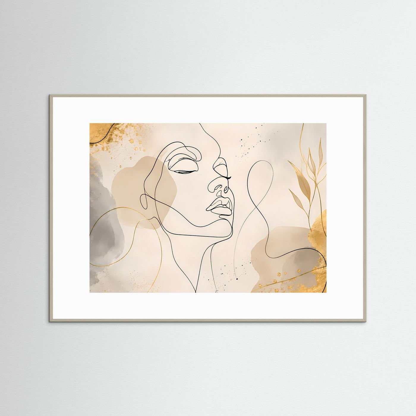 Minimalistisches One Line Face Poster Beige Gold | Moderne Line Art Wandkunst Gesicht Querformat
