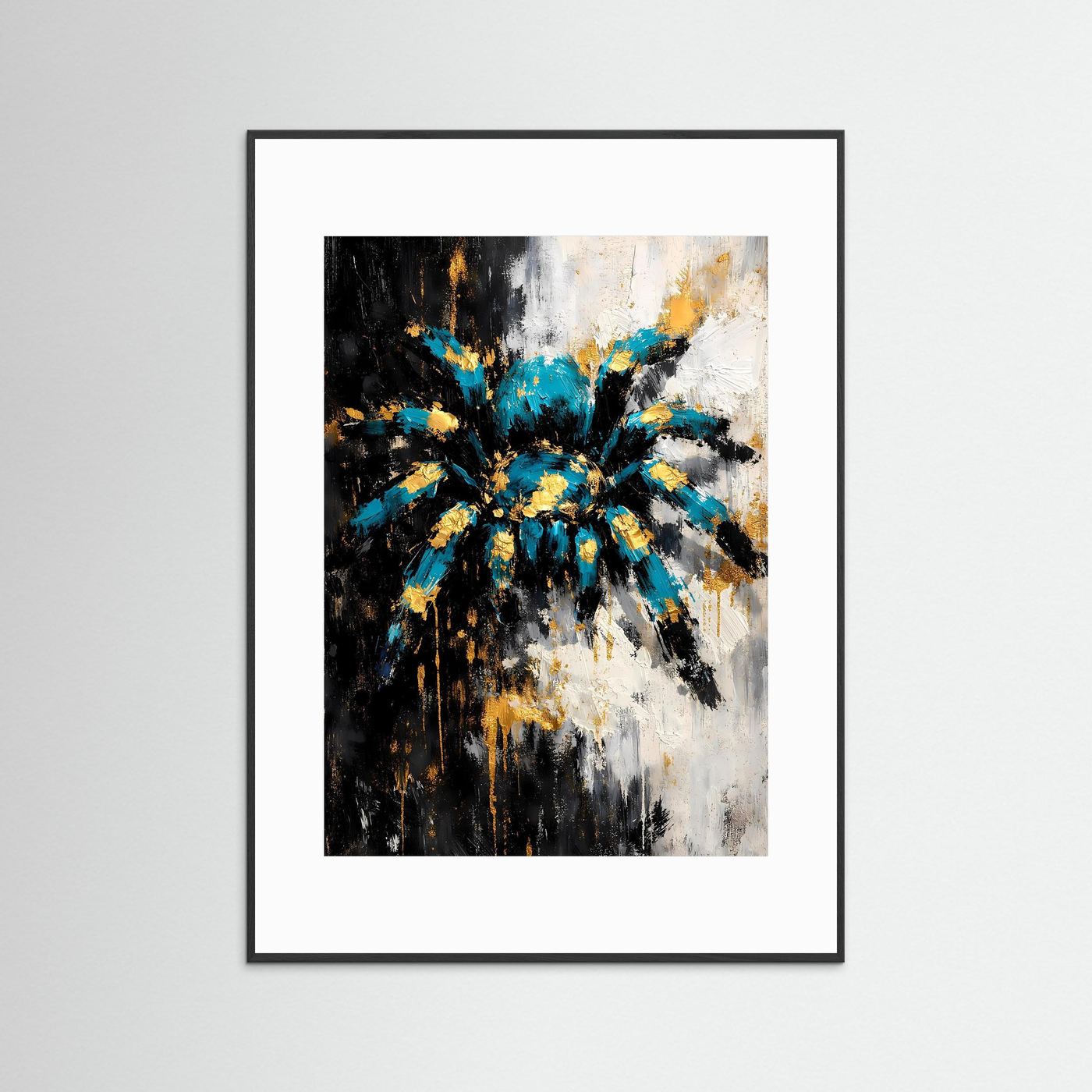 Abstraktes Spinnen-Kunstposter im Hochformat mit schwarzem Rahmen und weißem Passepartout