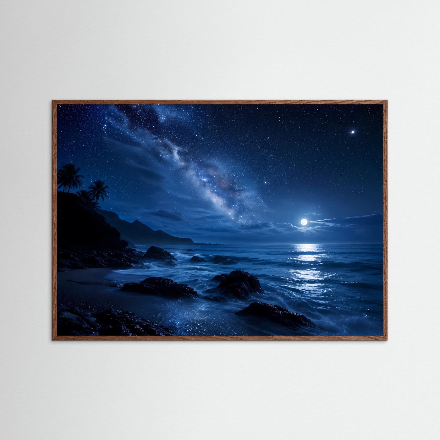 Mystische Mondnacht am Ozean | Nächtliches Küsten-Poster & Sternenhimmel Wandbild Querformat
