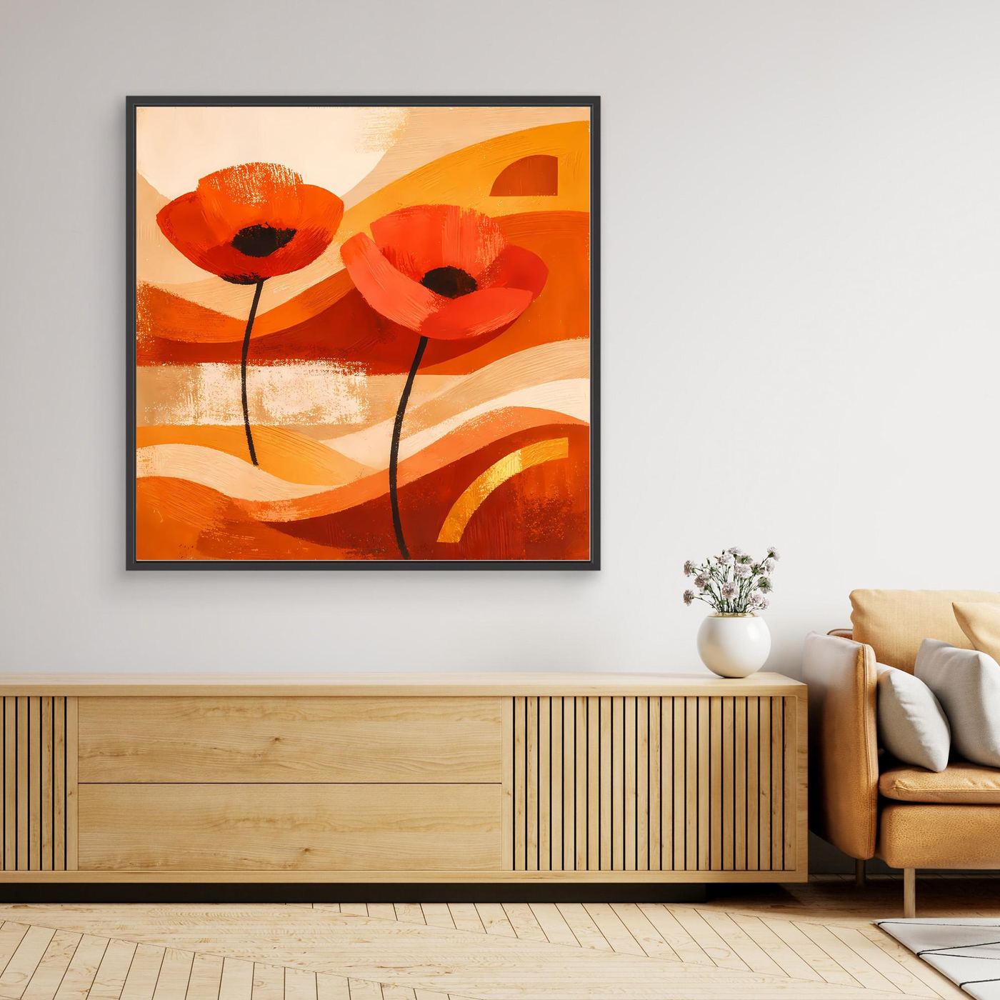 Leinwandbild mit abstrakten orange Mohnblumen, schwarz gerahmt