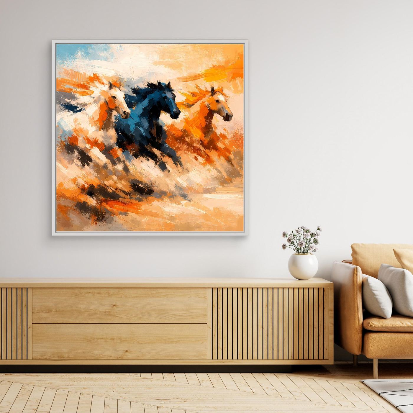 Premium Leinwand Wilde Pferde Galopp | Abstraktes Wandbild Dynamische Ölgemälde Optik