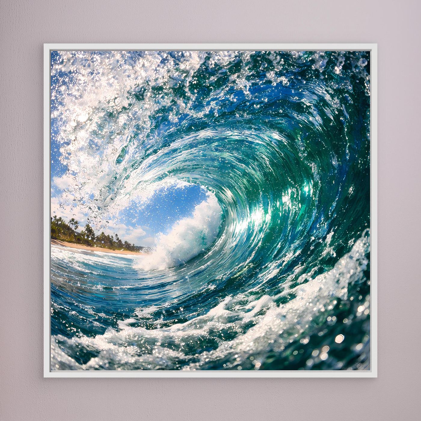 Leinwandbild Ozeanwelle mit türkisblauem Wasser und weißem Schaum, weiß gerahmt