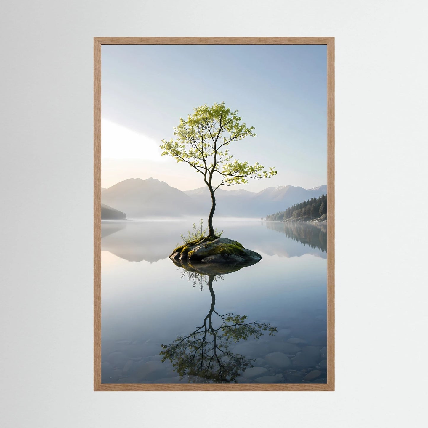 Hochformat-Poster mit hellem Holzrahmen: Baum auf Felsen, Spiegelung im Bergsee