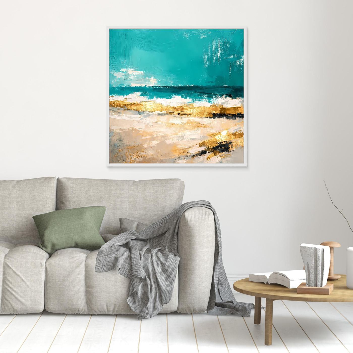 Leinwand Abstraktes Strandgemälde in Türkis und Gold | Modernes Meer Wandbild
