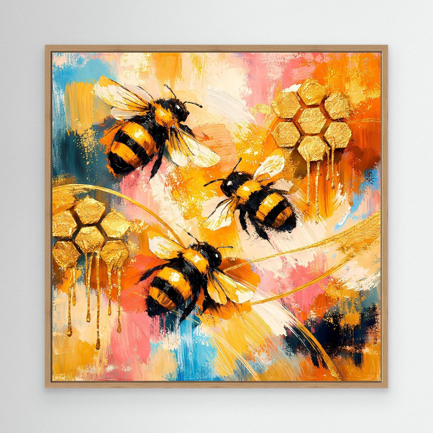 Leinwandbild mit Bienenmotiv, goldene Waben, braune Holzeinfassung