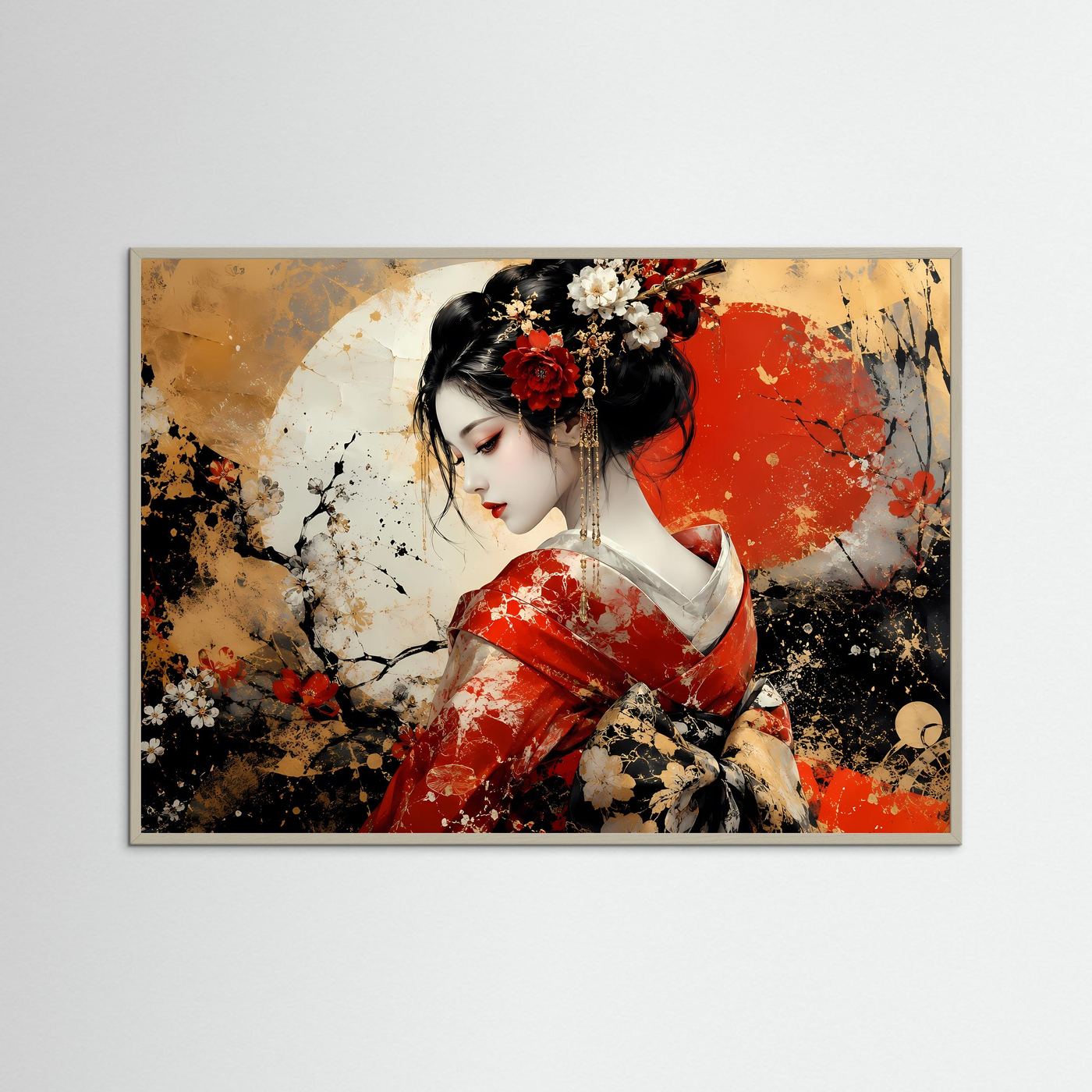 Geisha Poster Rot Gold | Japanische Wandkunst | Abstraktes Geisha Bild | Asiatische Fine Art | Luxuriöses Leinwandbild | Moderne Wanddekoration