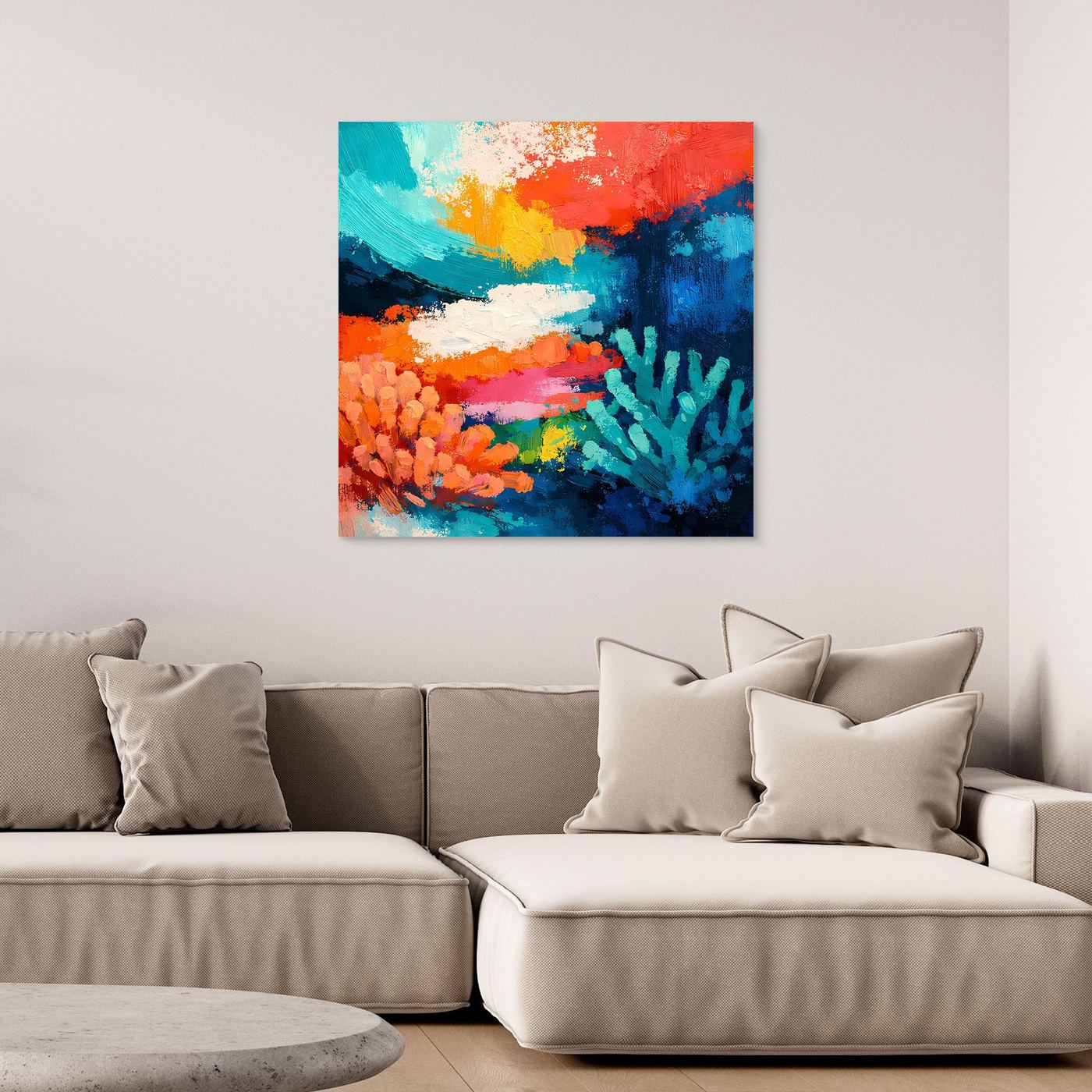 Abstraktes Leinwand-Wandbild mit Korallenriff-Motiv in Blau, Orange und Grün, ohne erkennbaren Rahmen