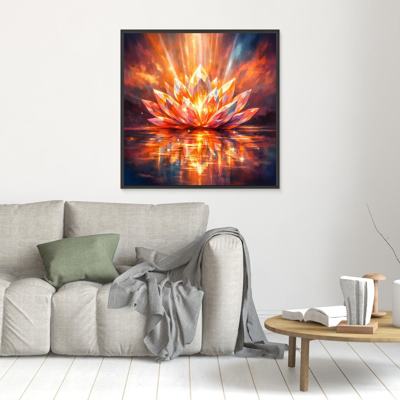 Leinwandbild mit leuchtender Lotusblüte, orange-gelben Strahlen und Spiegelung, schwarzer Rahmen