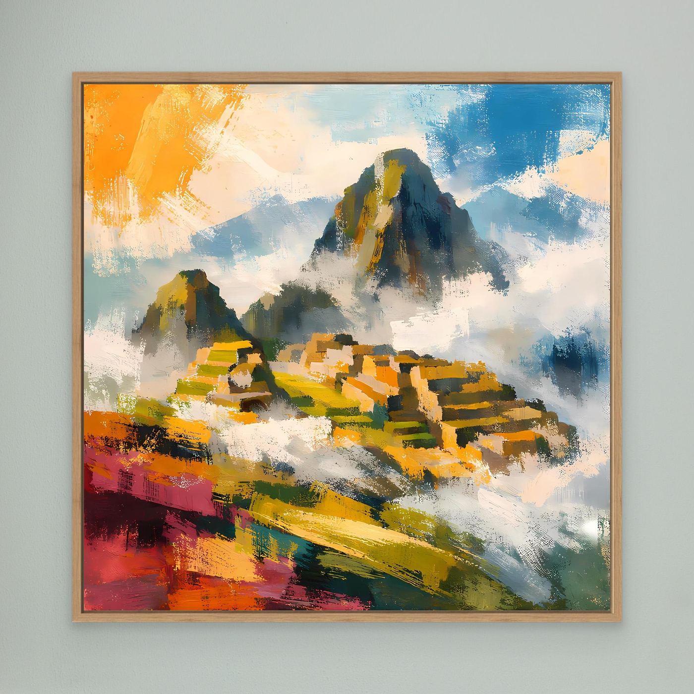 Leinwand-Wandbild mit Inka-Ruinen und Bergmassiv, Blau-Gelb-Rot, im Eichenrahmen.