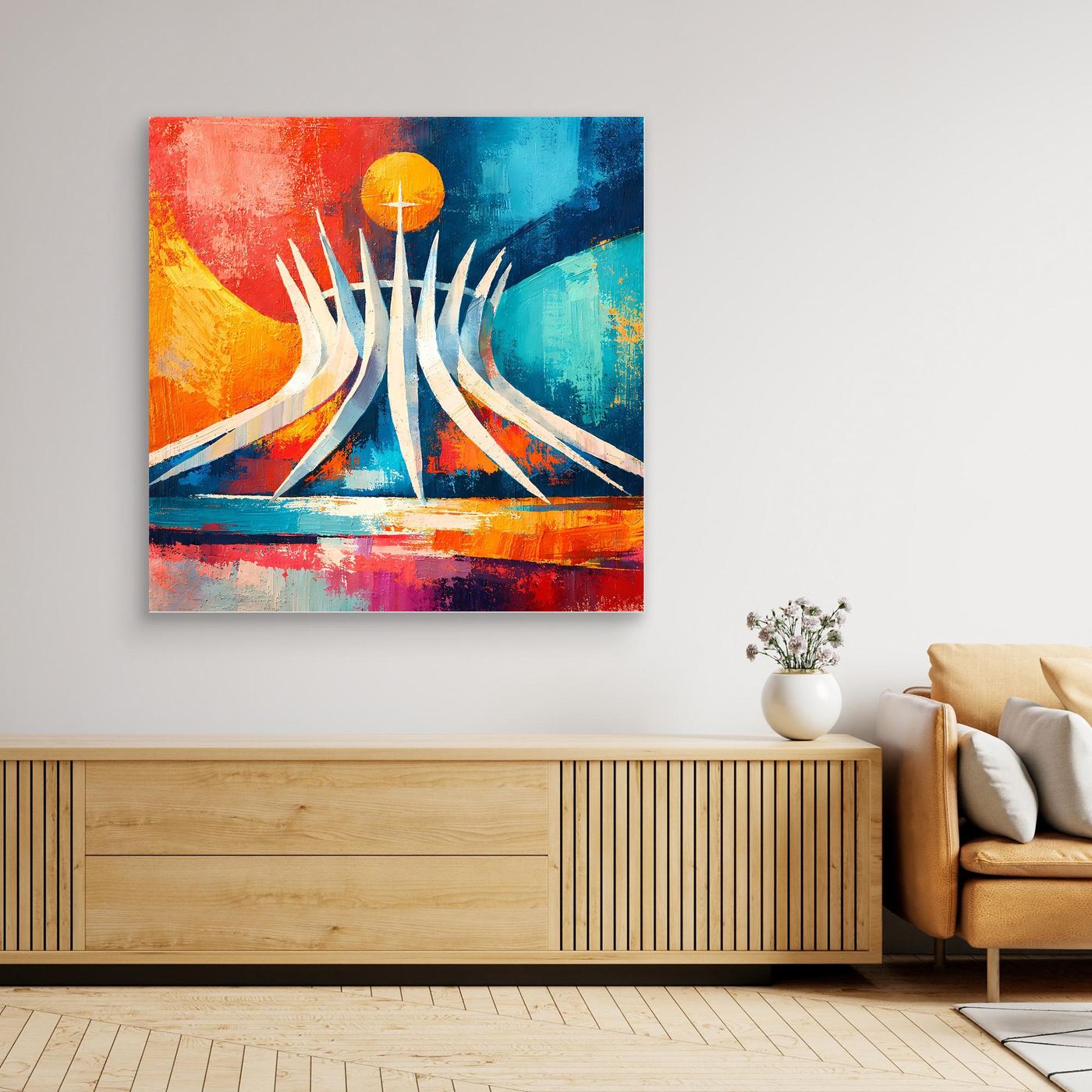 Abstraktes Leinwand-Wandbild mit Kathedralenmotiv, gelbe Kugel, mit Rahmen