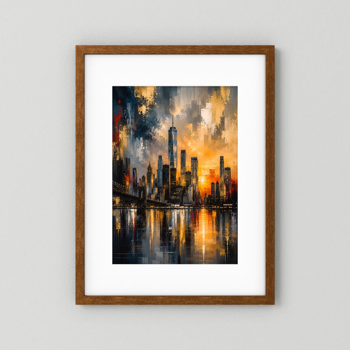 Poster im braunen Holzrahmen mit weißem Rand, abstrakte Skyline in Gold und Schwarz
