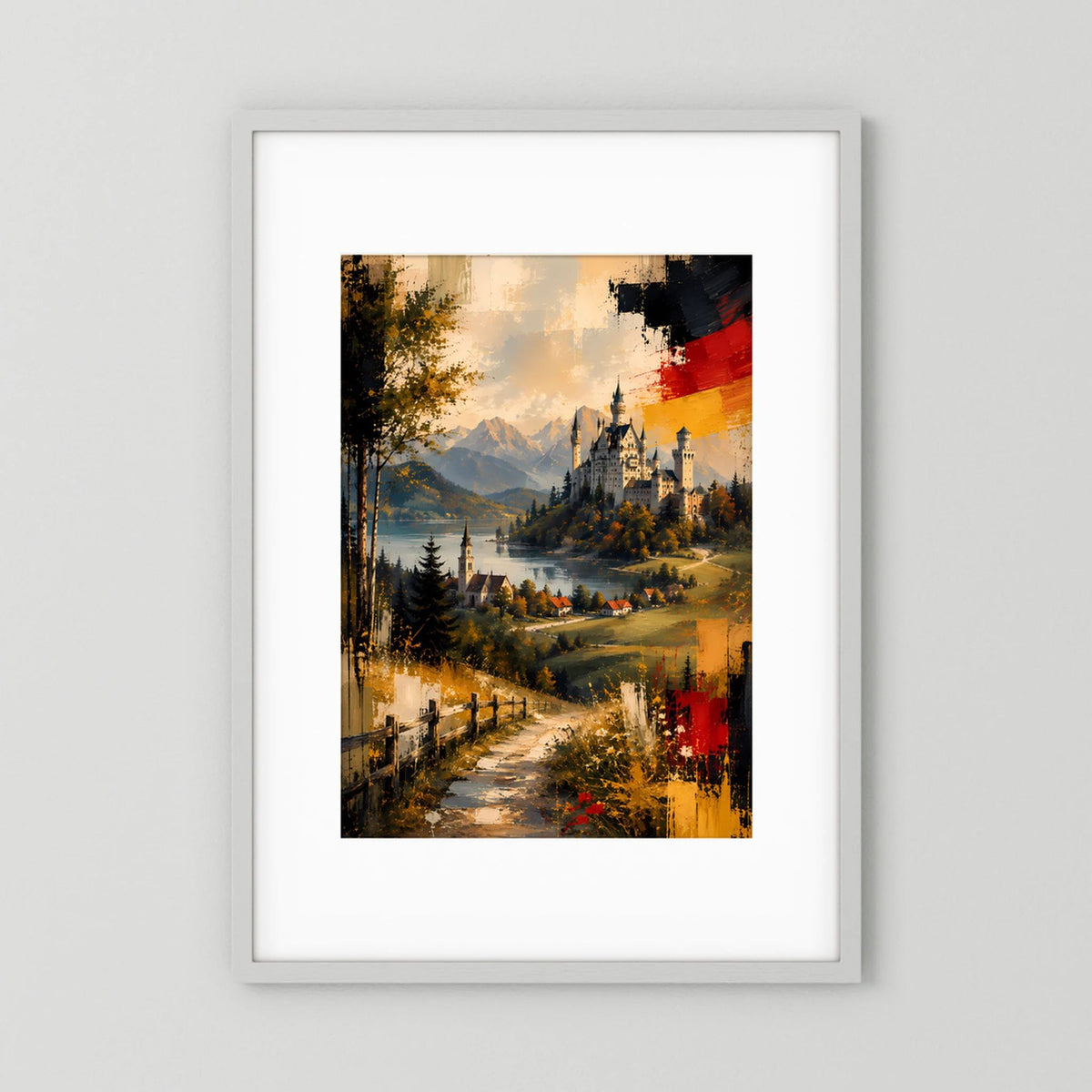 Hochformat-Kunstposter mit abstrakter Alpenlandschaft und Schloss Neuschwanstein in Goldtönen
