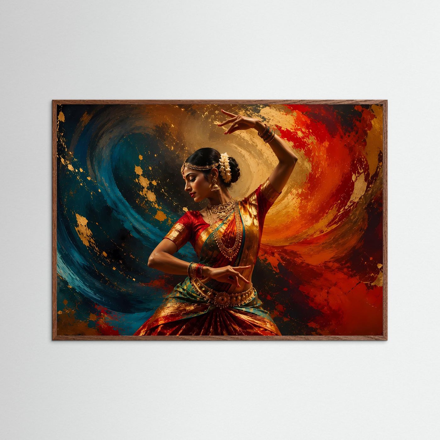 Indische Tänzerin in Rot & Gold | Traditioneller Tanz mit abstrakter Farbkunst – Exotische Wandkunst