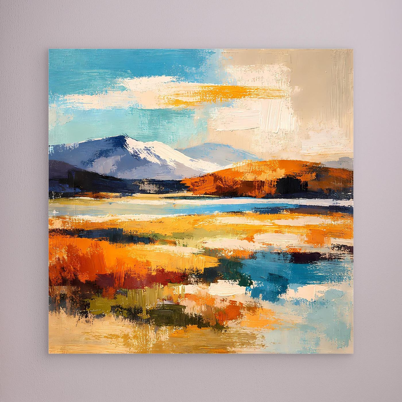 Abstraktes Leinwandbild mit Bergen und See in Blau, Orange und Gelb, ohne Rahmen