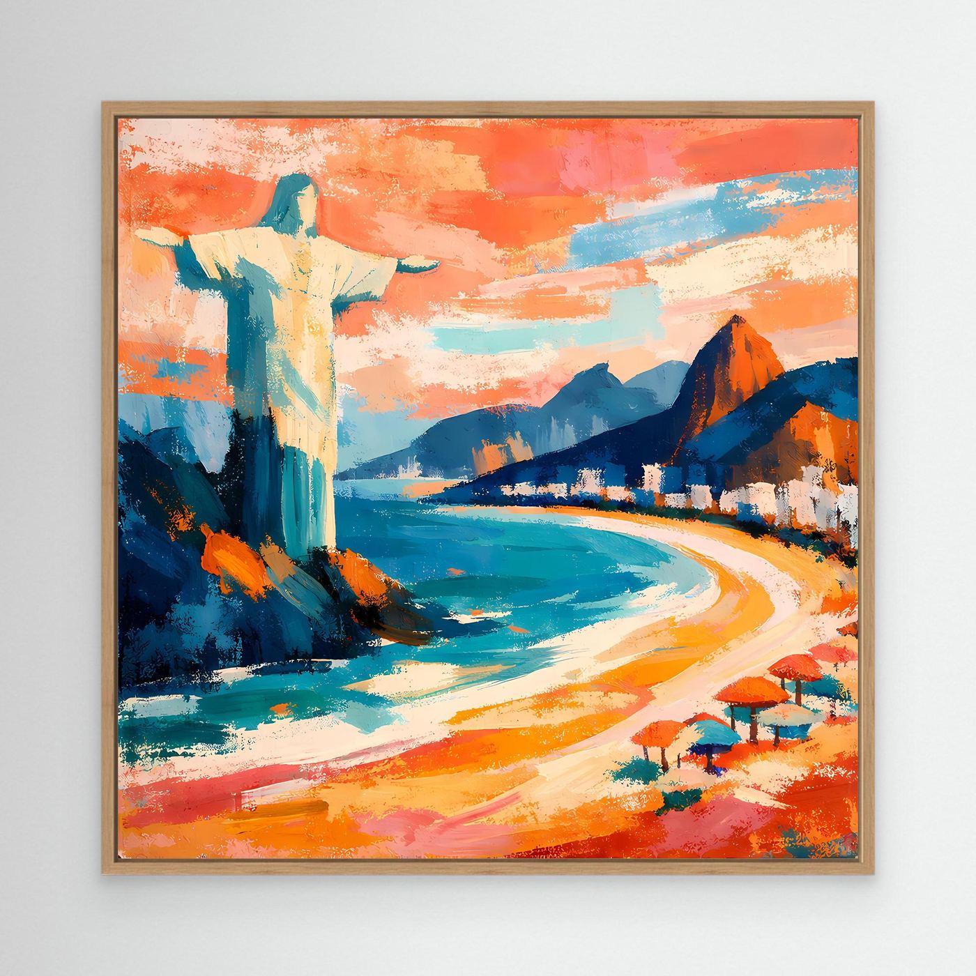 Abstraktes Strand-Wandbild mit goldener Holzumrandung, türkisblauem Meer und Orange-Paletten