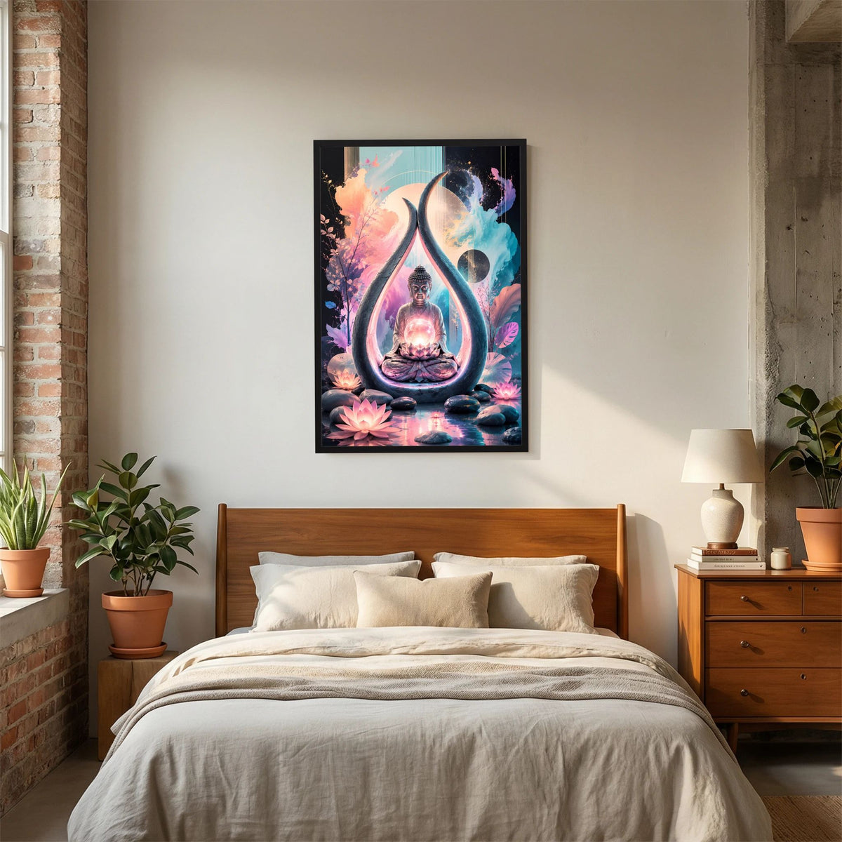 Hochformat-Poster: Buddha im Meditationssitz, Lotus-Design, schwarzer Rahmen