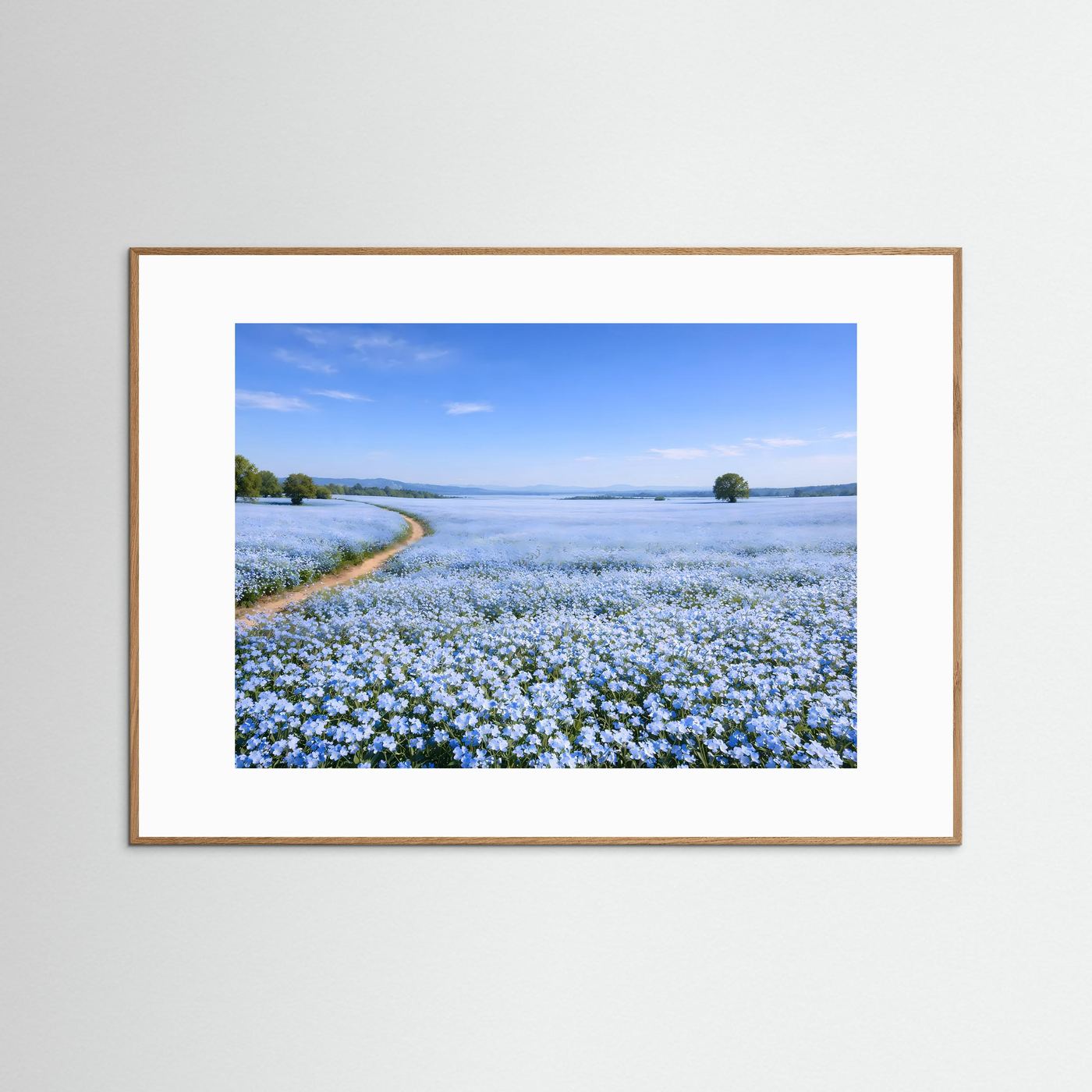 Malerisches Blaues Blumenfeld mit Feldweg | Idyllische Landschaft & Natur Poster Querformat