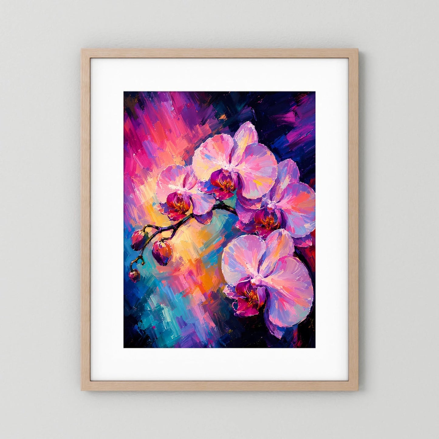 Kunstposter im Hochformat mit abstrakten Orchideenblüten in Pink und Blau, Holzrahmen hell