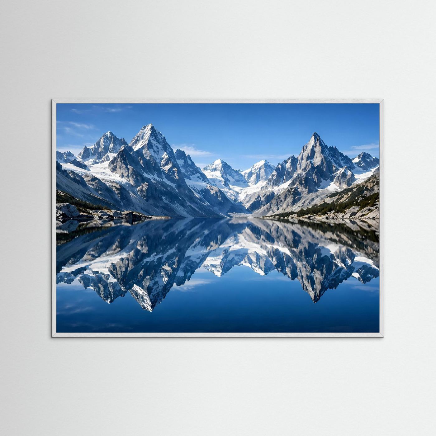 Wandbild mit Alpenpanorama und Seespiegelung, grauer Rahmen, Querformat