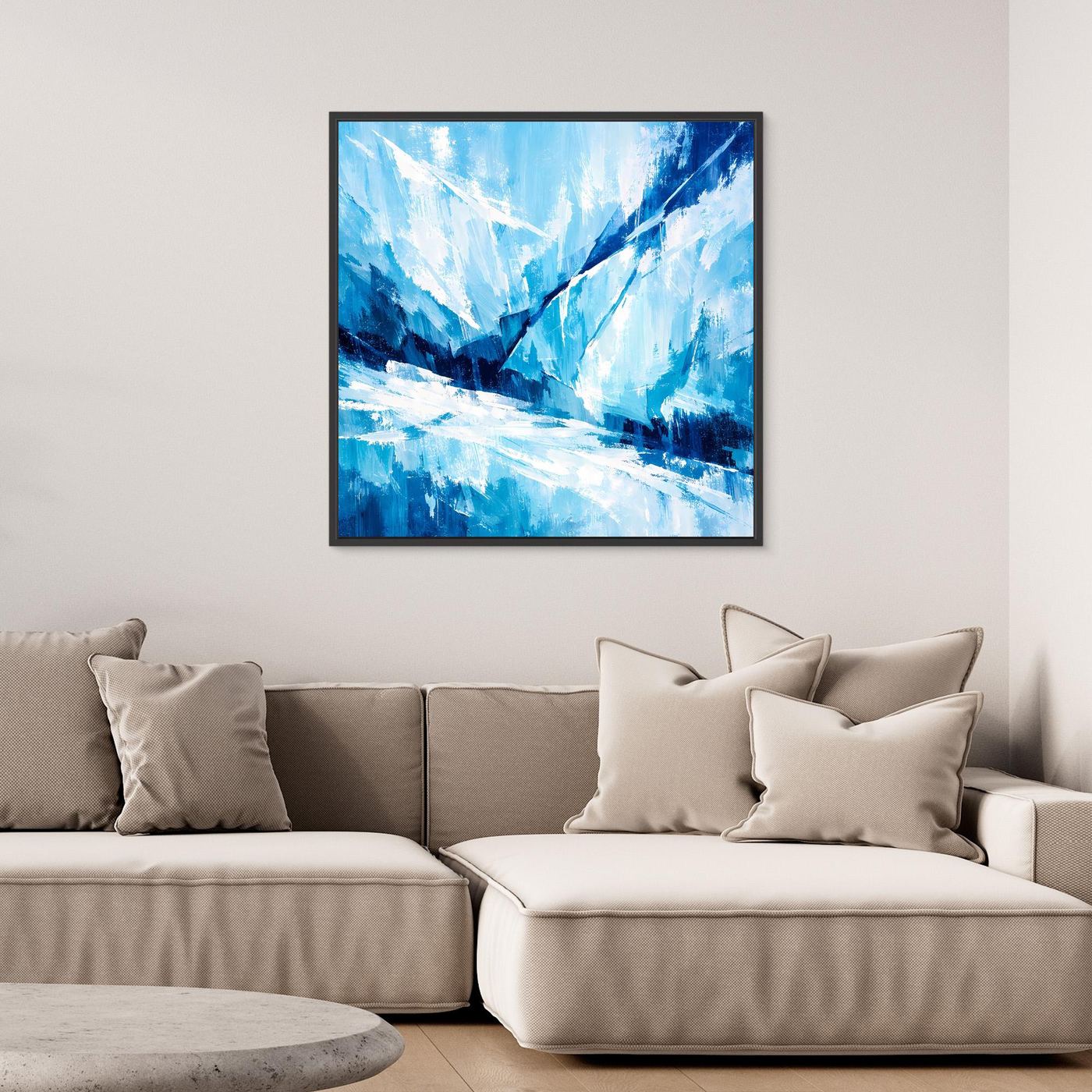 Leinwand-Wandbild mit blauem Abstrakt-Gletscher, klarer Motivschnitt, schwarzer Rahmen
