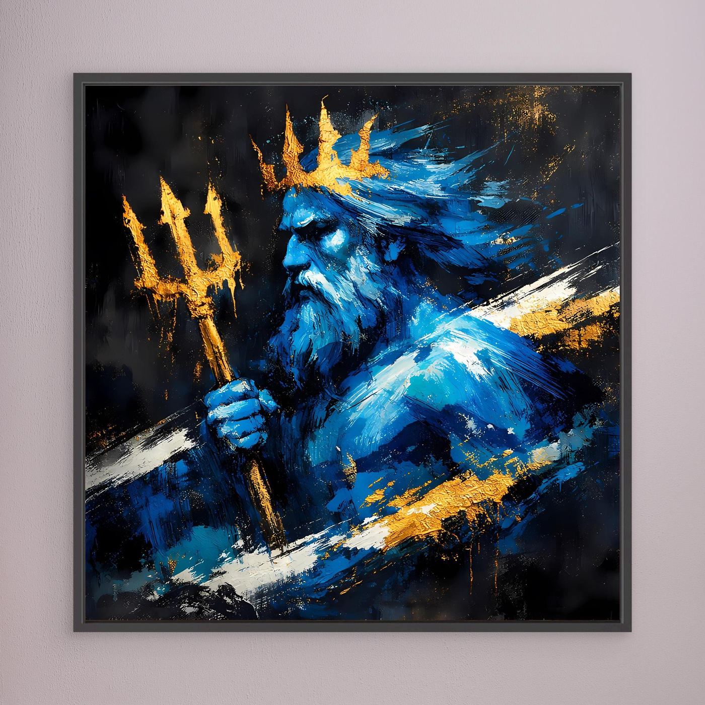 Leinwand Poseidon Gott des Meeres | Abstraktes Mythologie Wandbild Blau Gold