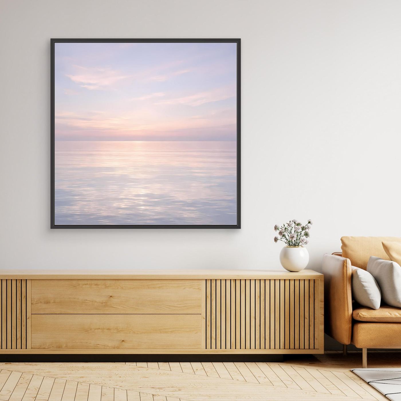 Gerahmtes Leinwandbild Pastellmeer mit Sonnenuntergang, dunkler Rahmen