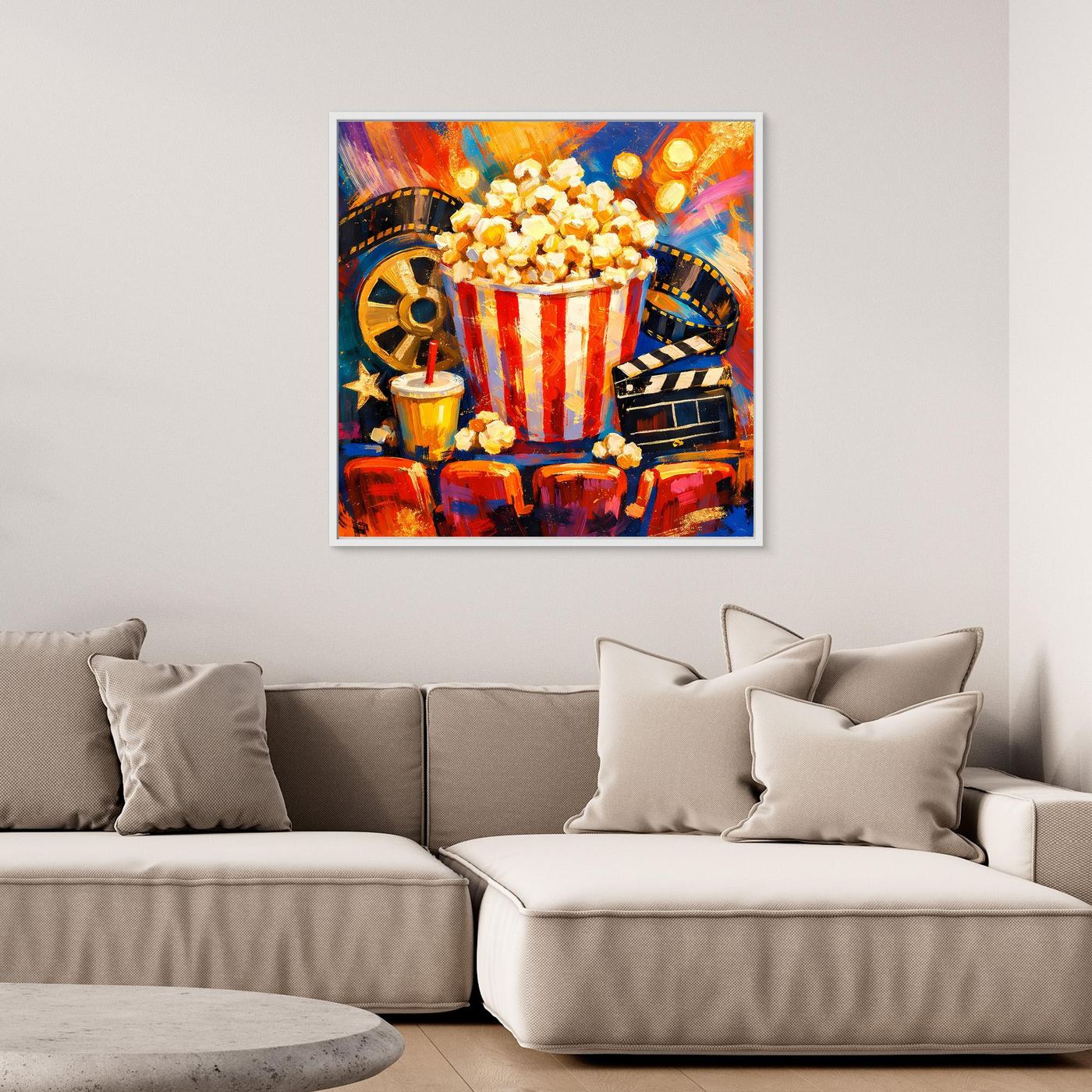 Leinwandbild mit Popcornschale, Filmstreifen-Details und farbigen Lichtern