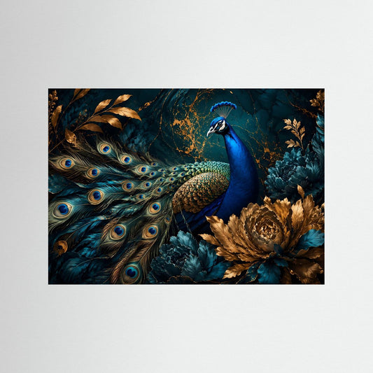 Kunstposter mit blauem Pfau, goldenen Akzenten und ausgebreitetem Fächer im Landschaftsformat